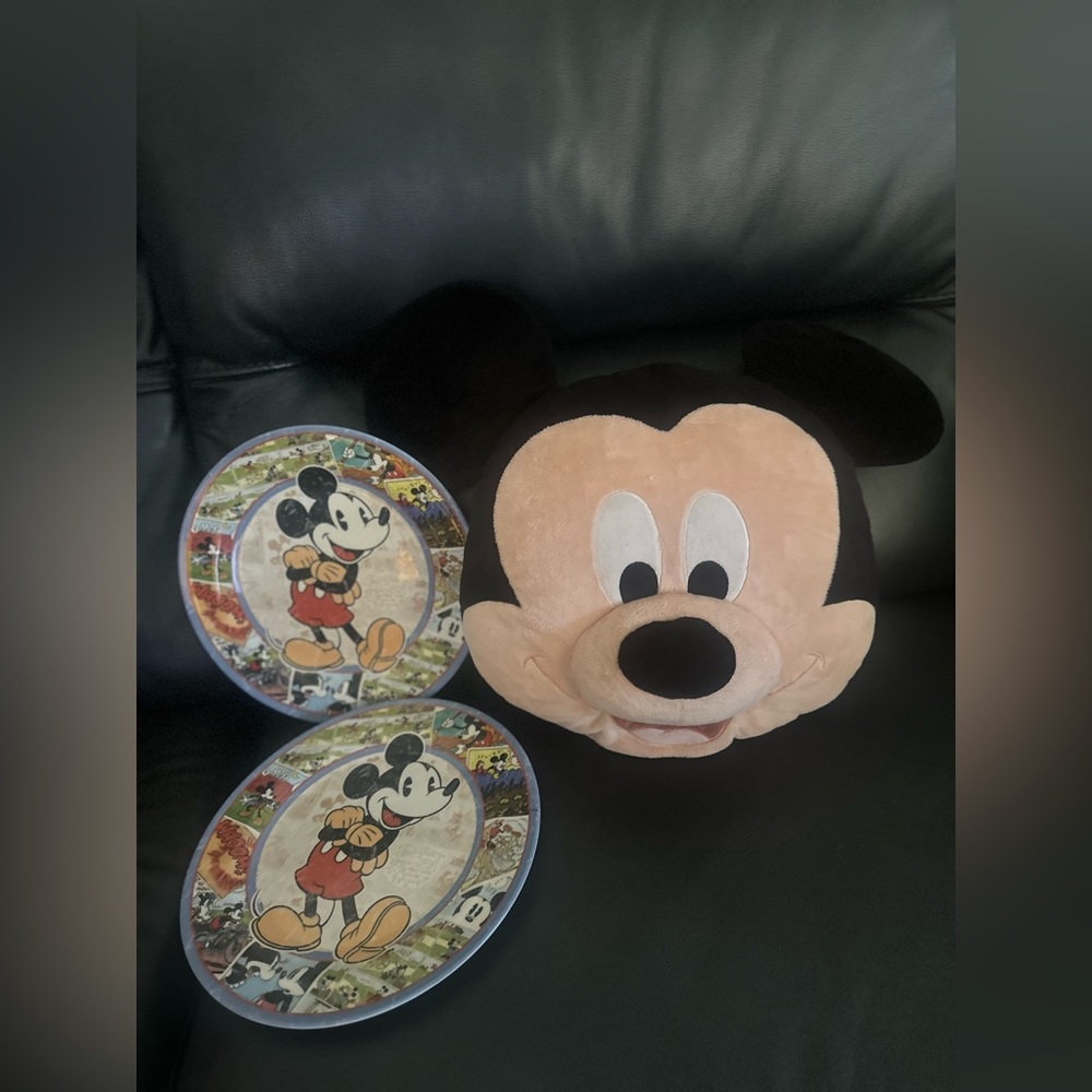 Mickey Pillow and (2) Mickey plates